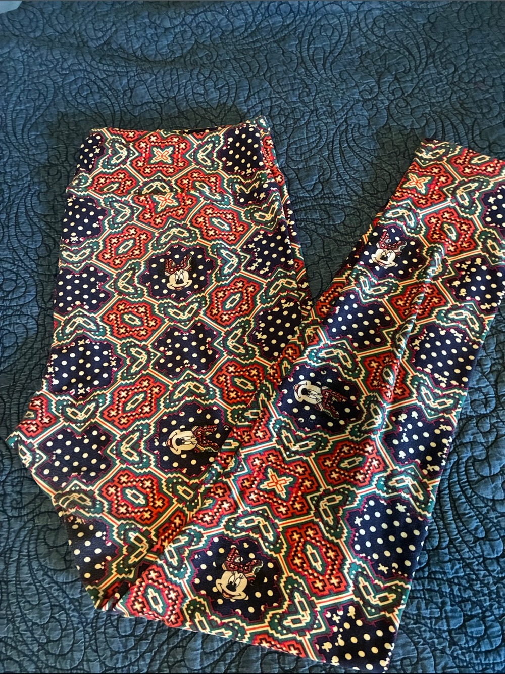 Lularoe Navy Blue Patterned Leggings with Minnie Mouse- Sz TC